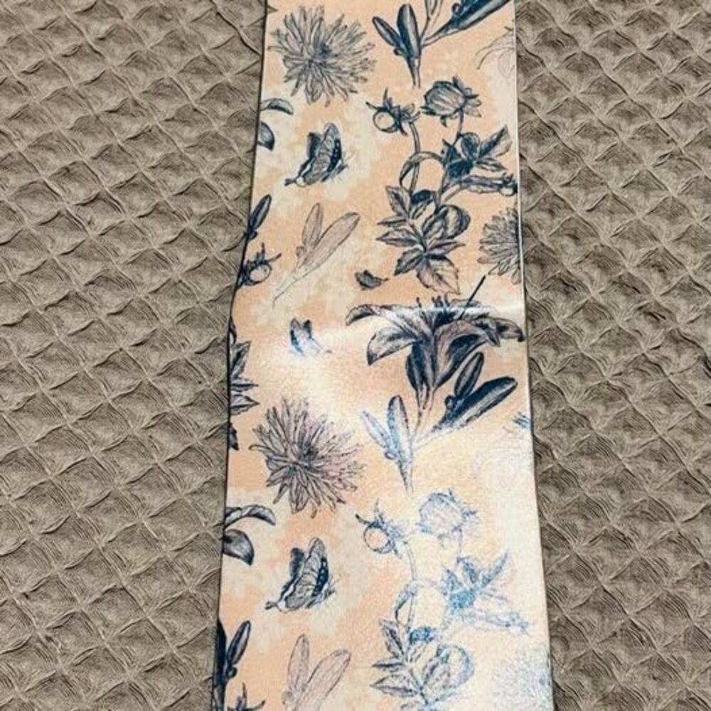 Men's Skinny Floral Tie Blue Botanical Cream Necktie Butterflies New